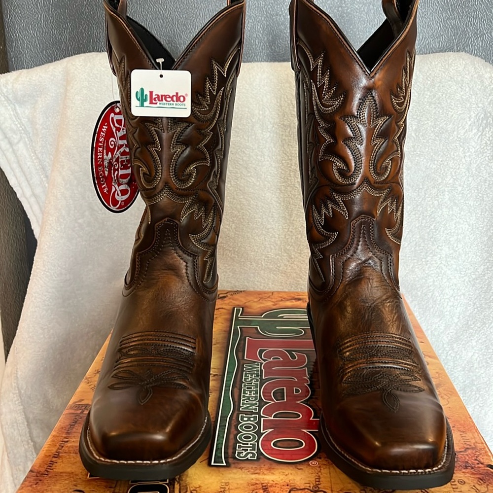 NEW MENS LAREDO 12” Emporia Cowboy Boots Leather Square Toe 8 1/2 EW Dark Brown